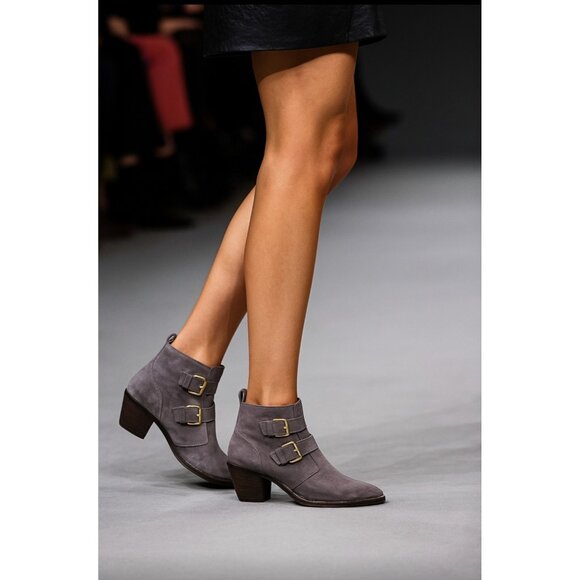Boden Women’s Gray Suede Ankle Boots Size EU 42 Gold Buckle Strap - Picture 1 of 12